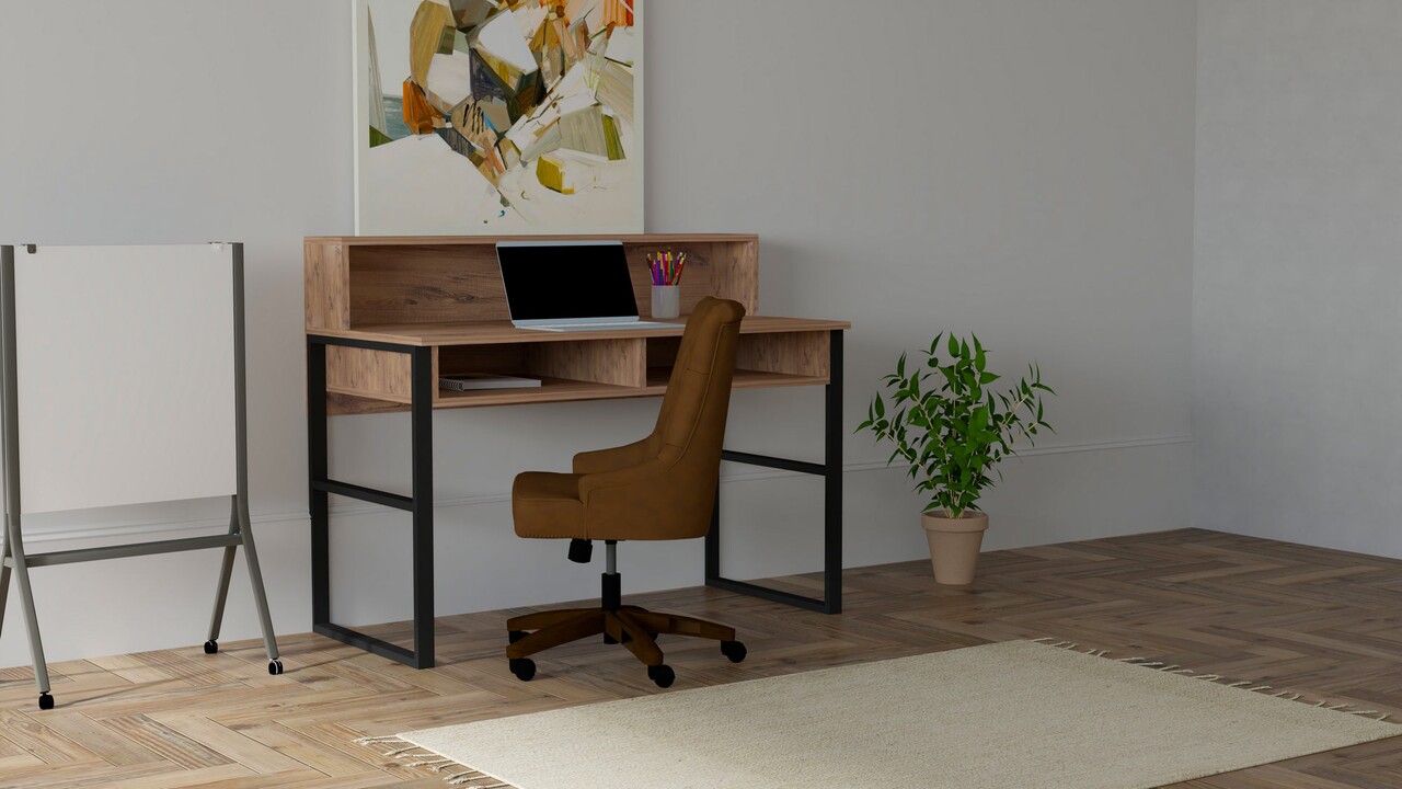 Birou, Puqa Design, Kemo, 120 x 95.8 x 55 cm, pal melaminat/metal, nuc/negru - imagine 5